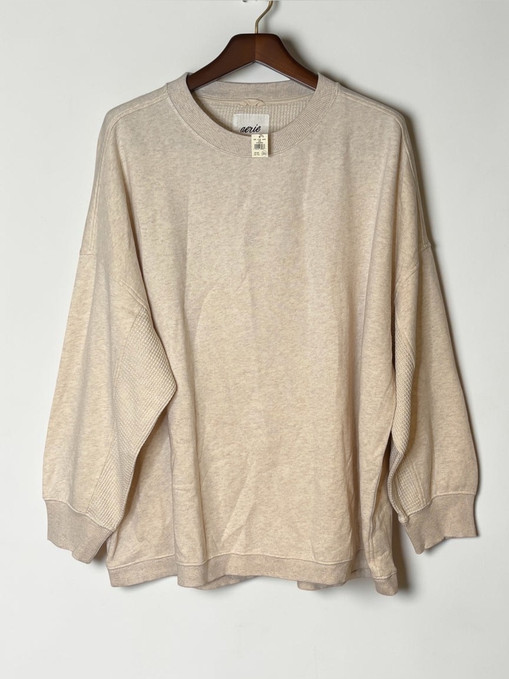NWT Aerie Waffle Knit Accent Oversized Crewneck Sweatshirt Cream XXL 2XL